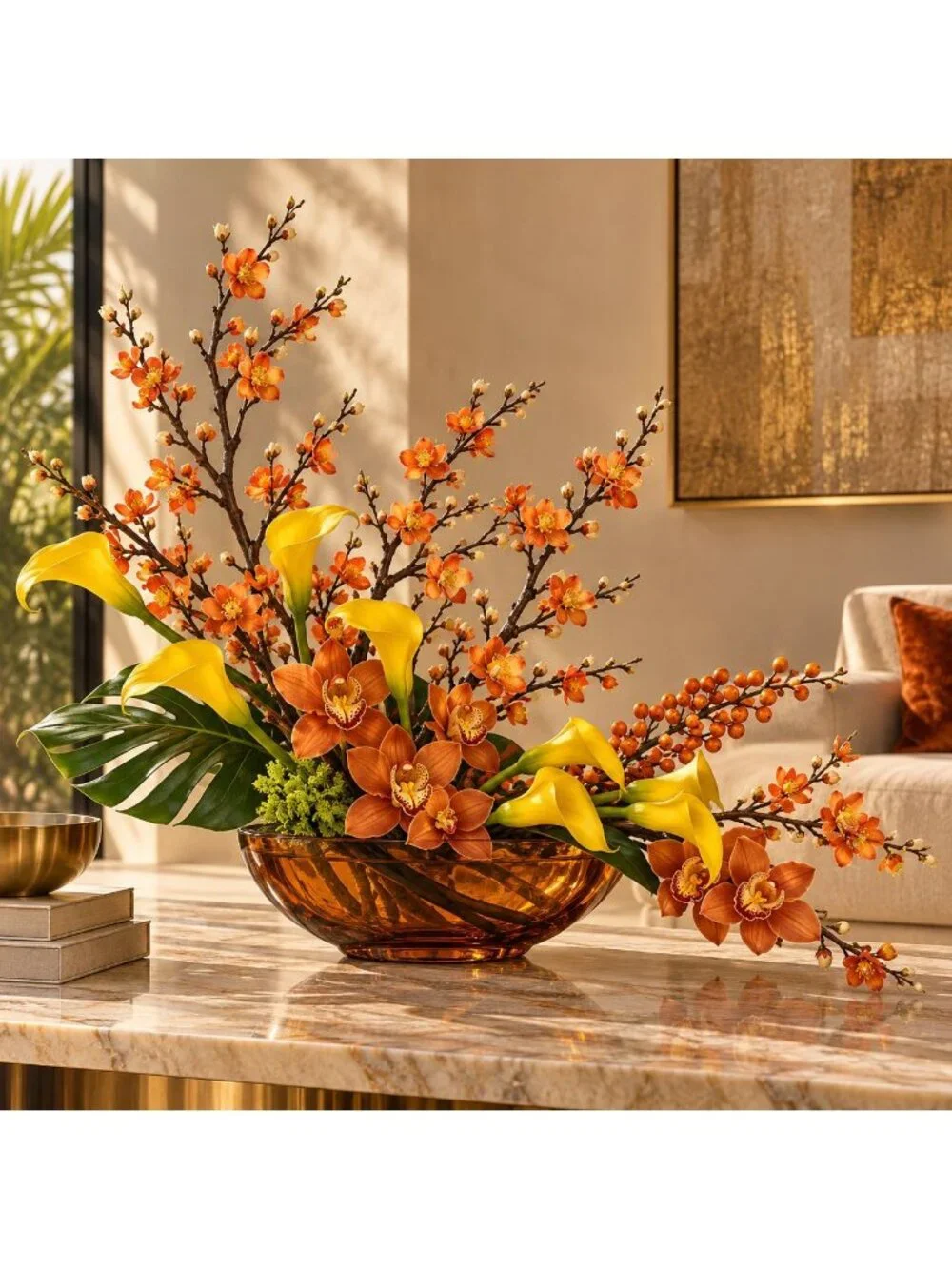 5 Artificial Orange Yellow Blossom Branch Stems 22 Inch Faux Silk Fall Flowers W